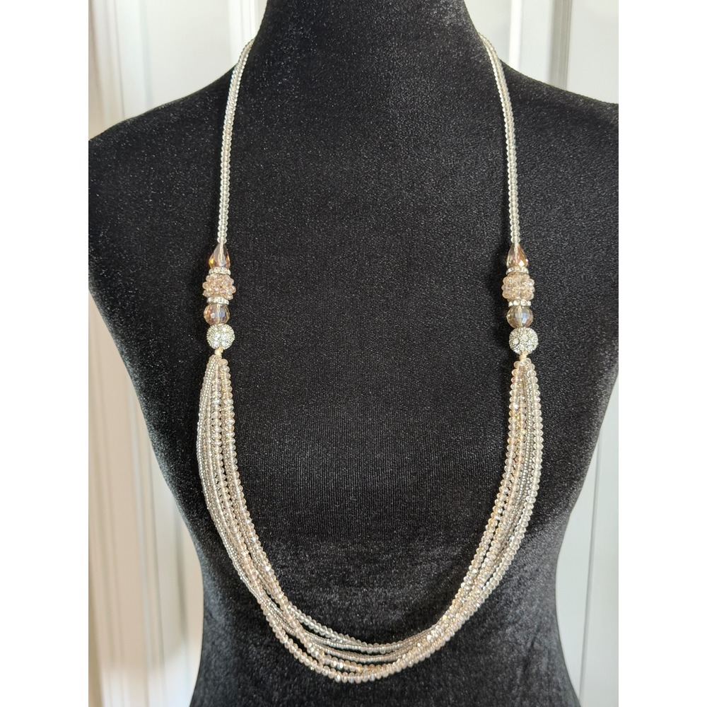 Long Multi Strand Glass Bead Rhinestone Statement Necklace Silver Tone 34in